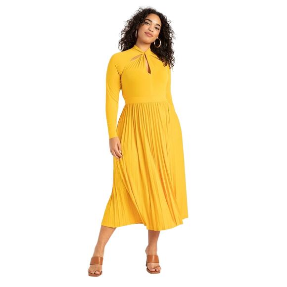 Eloquii NEW sz 26 Draped Bodice Midi Dress Pleated Skirt Peekaboo Bust 4X - Picture 1 of 11